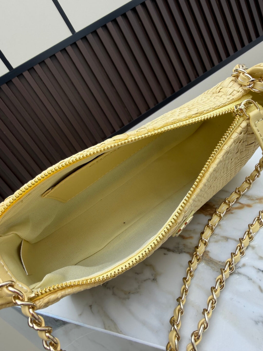 Pale Yellow Textured Shoulder Bag with Gold-Tone Chain