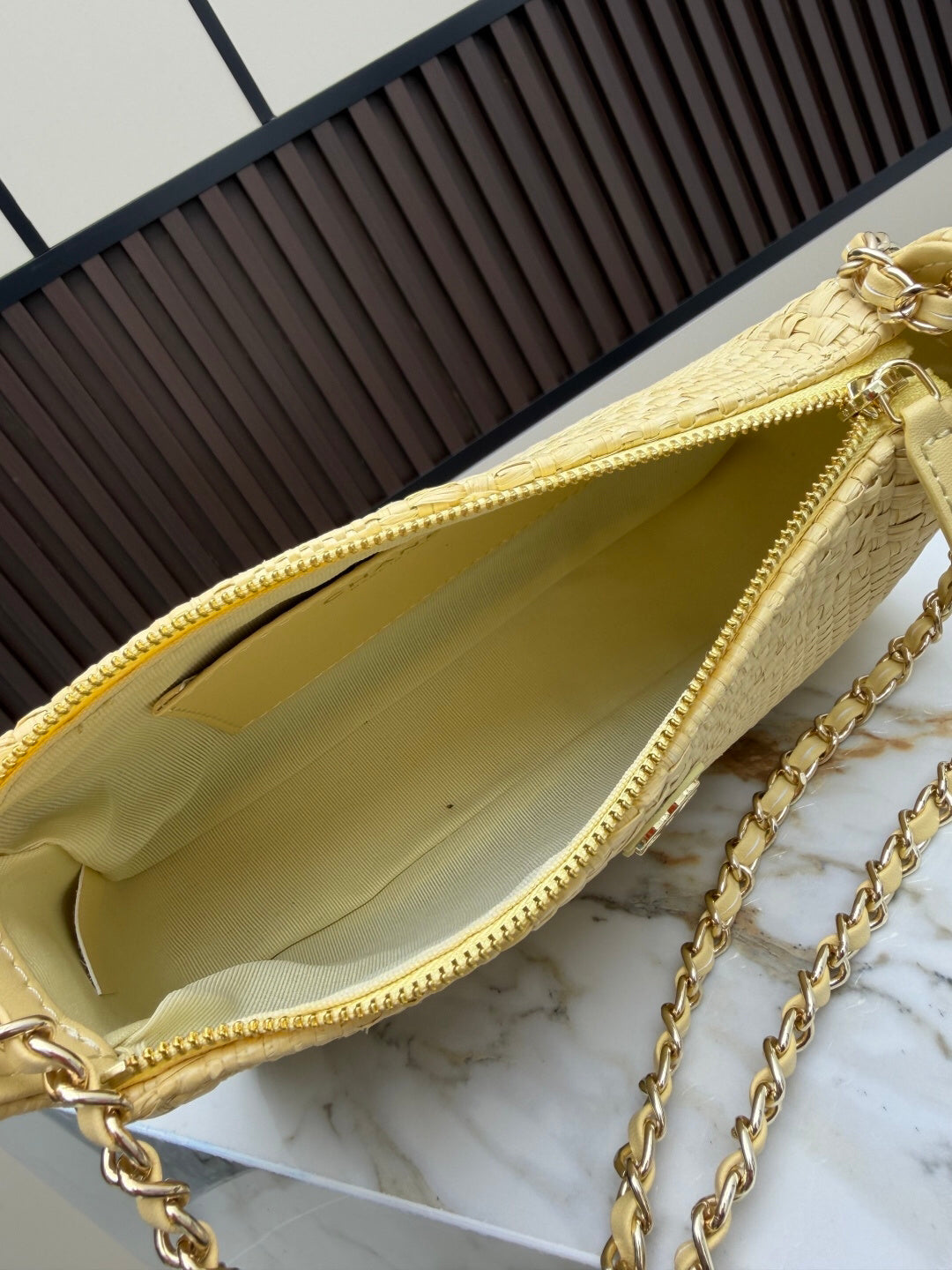Pale Yellow Textured Shoulder Bag with Gold-Tone Chain