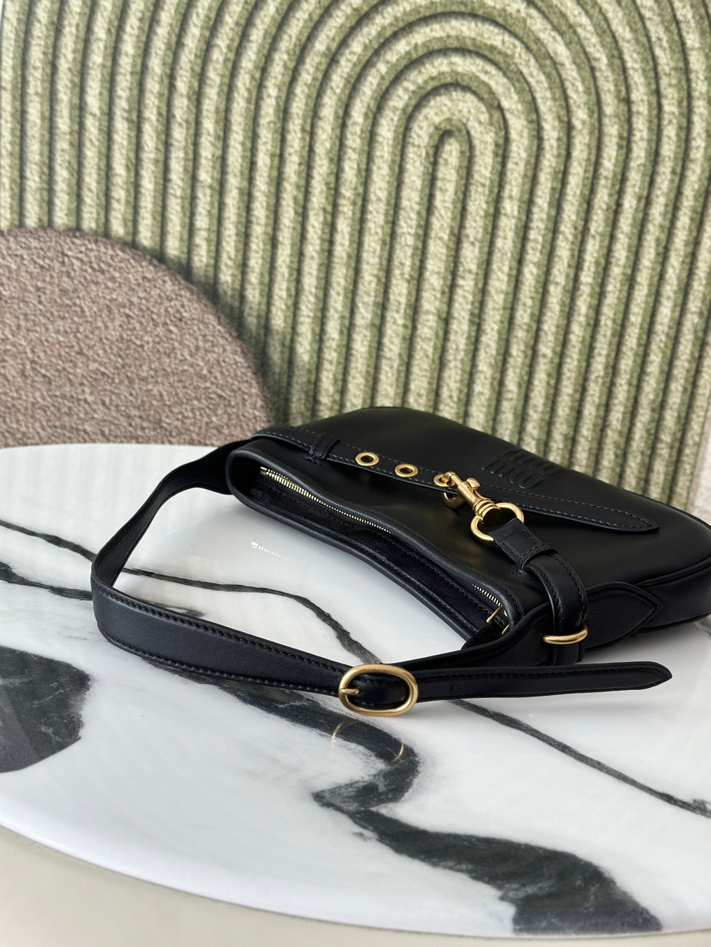 Black Shoulder Bag with Gold-Tone Belt Detail