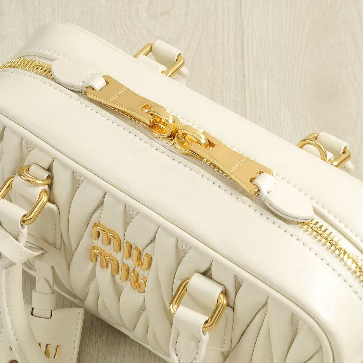 Ivory Ruched Top-Handle Bag with Shoulder Strap