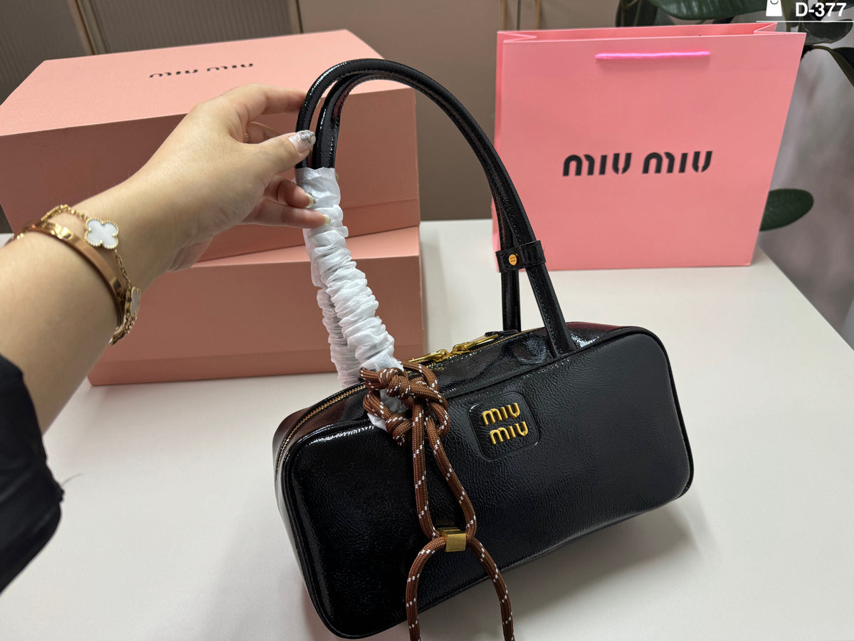 Glossy Black Shoulder Bag with Gold-Tone Zip