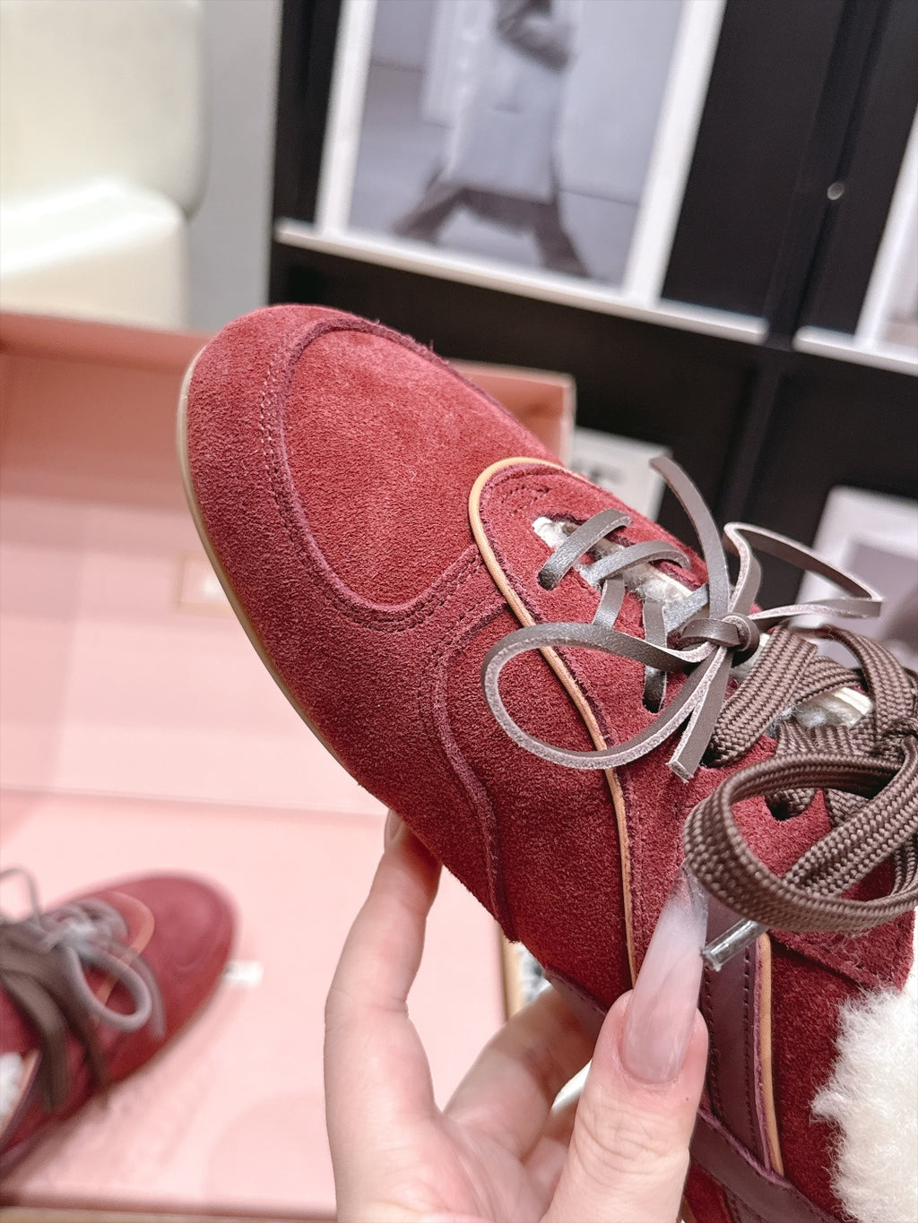 Burgundy Lace-Up Sneakers with Cream Fluffy Trim