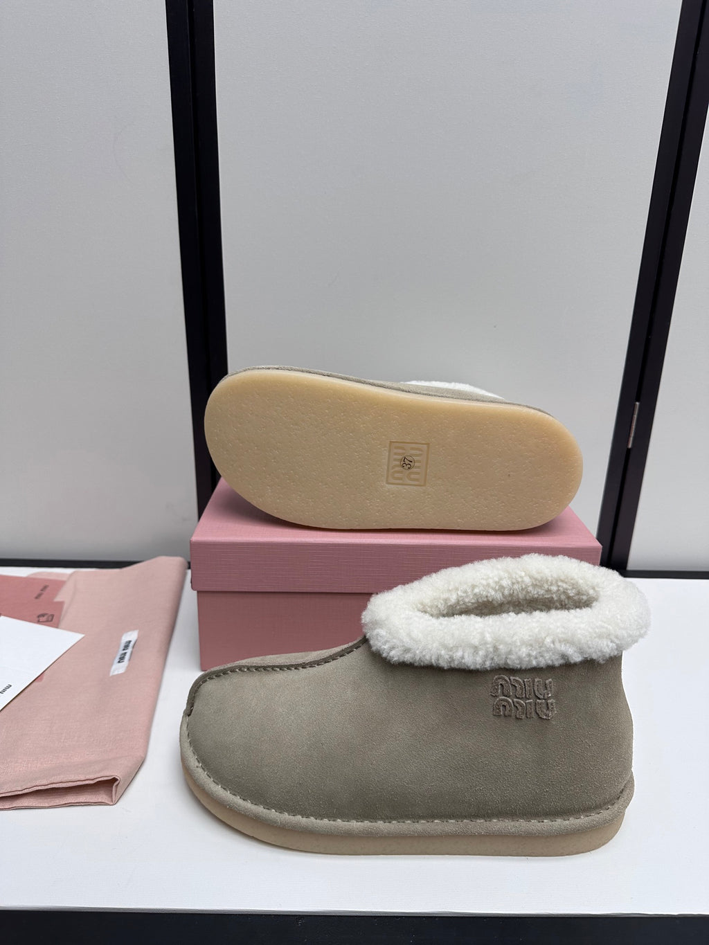 Taupe Ankle Boots with Cream Fluffy Trim