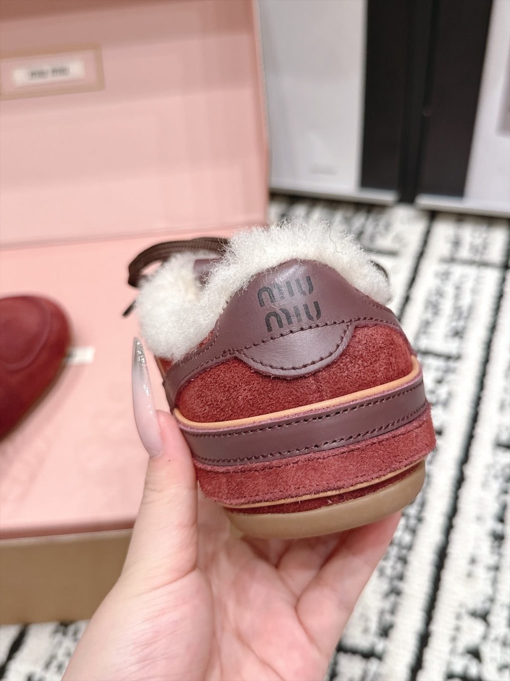 Burgundy Lace-Up Sneakers with Cream Fluffy Trim