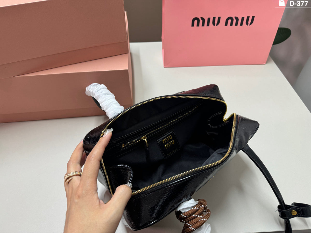 Glossy Black Shoulder Bag with Gold-Tone Zip