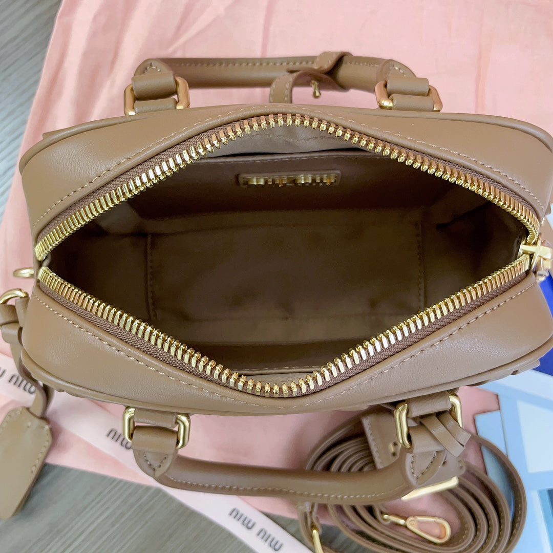 Taupe Ruched Top-Handle Bag with Gold-Tone Zip